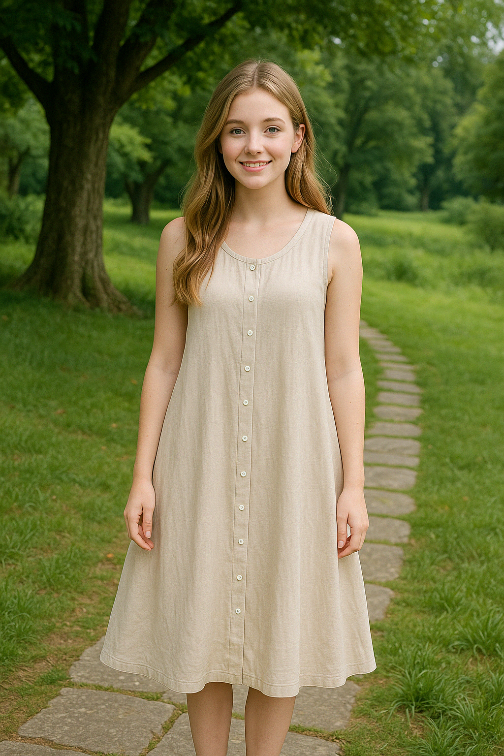 Women's Sleeveless Cotton Linen Party Dress Button Down A-Line Summer Women's Sleeveless Cotton Linen Party Dress Button Down A-Line Summer