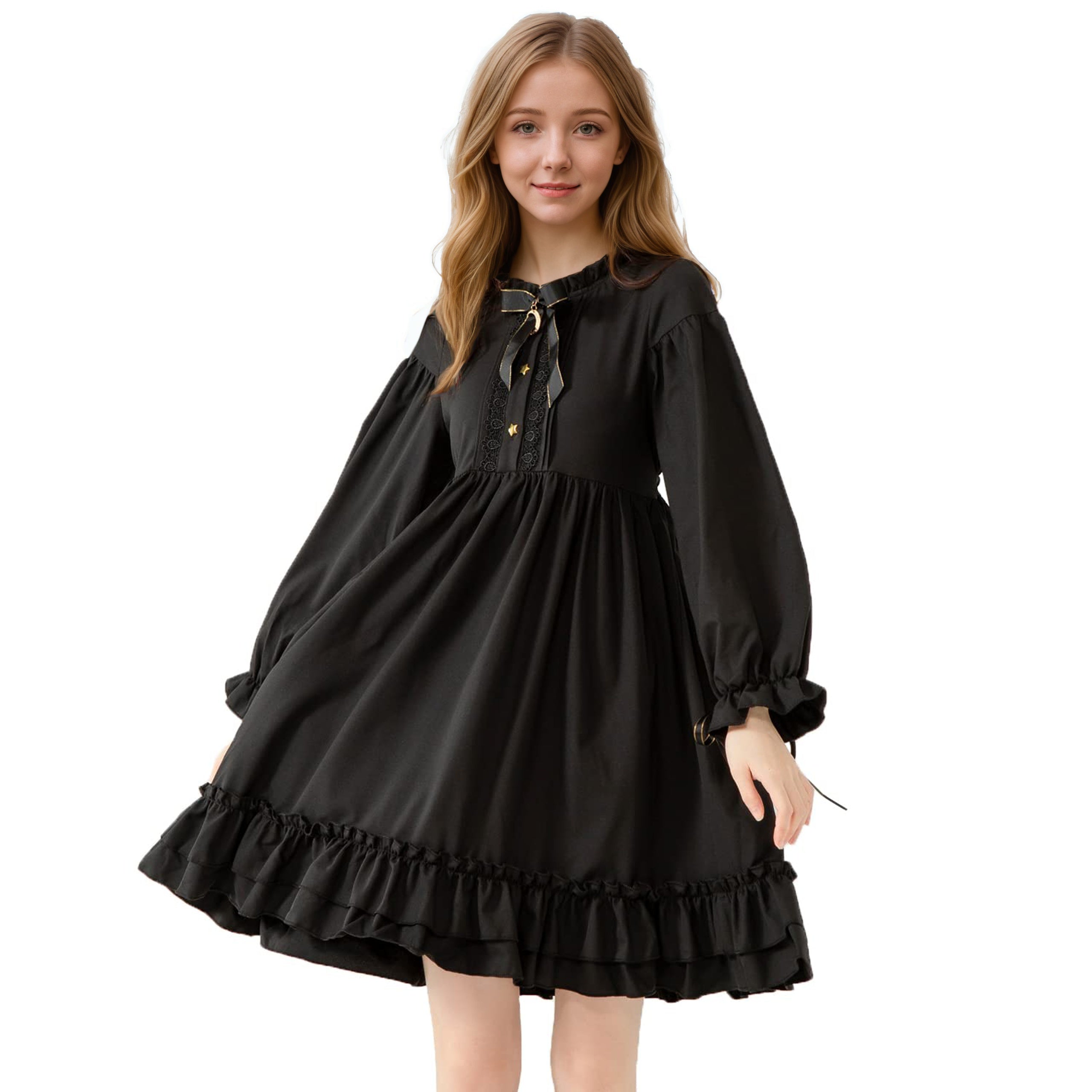 Gothic Lolita Black Dress for Women Long Sleeve Ruffled Moon Bow Dress Gothic Lolita Black Dress for Women Long Sleeve Ruffled Moon Bow Dress
