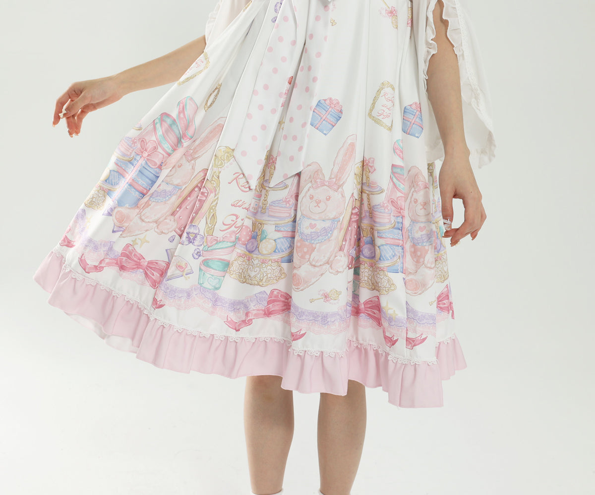 Kawaii Sweet Lolita Rabbit Print Dress Lace Ruffle JSK with Big Bow Pull-On Princess Dress for Girls