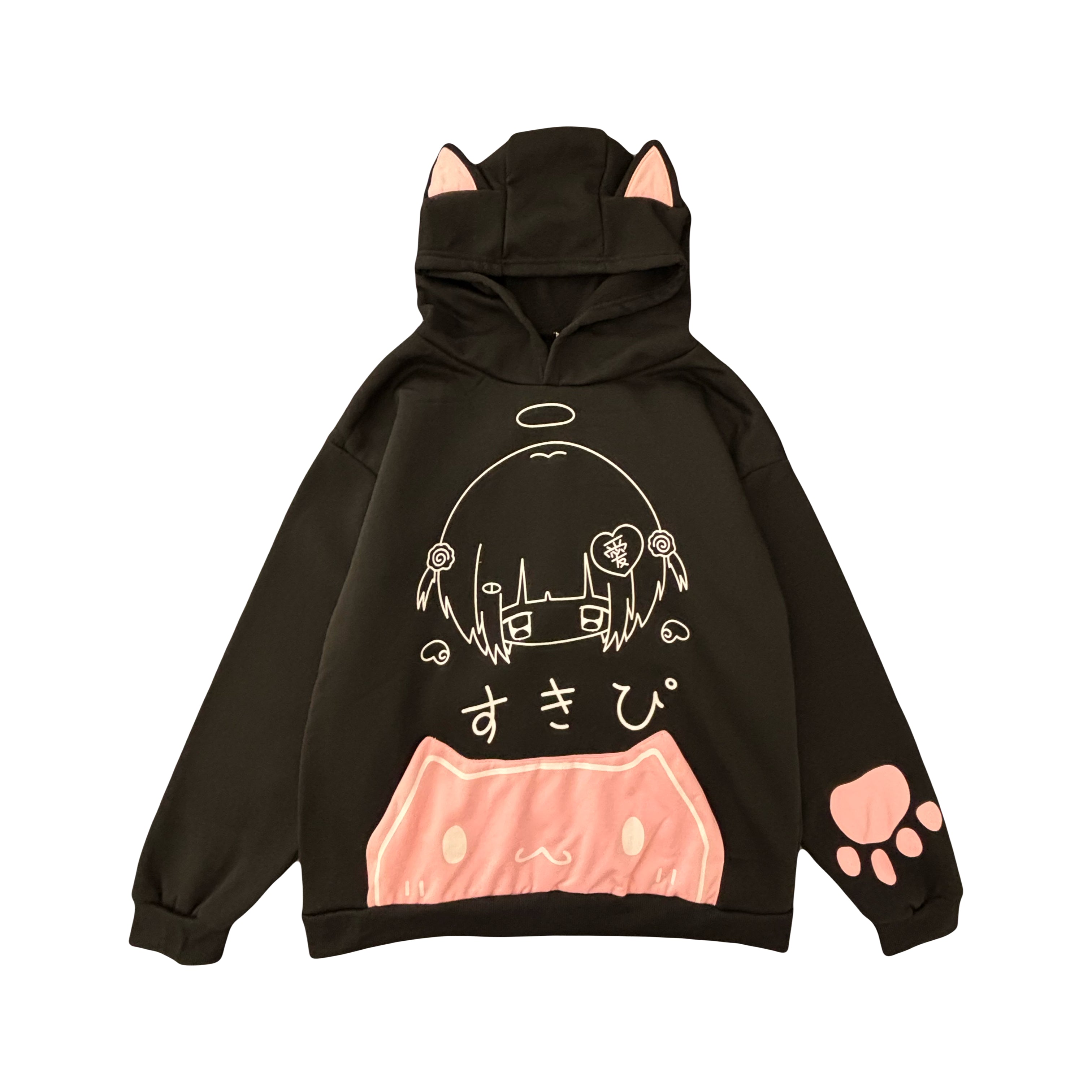 Y2K black cat cute fleece hoodie for women