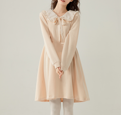 Sweet Peter Pan Collar Dress Kawaii Long Sleeve Cream Bow Tie Dress for Girls