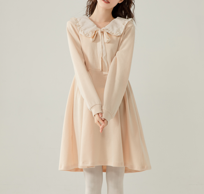 Sweet Peter Pan Collar Dress Kawaii Long Sleeve Cream Bow Tie Dress for Girls