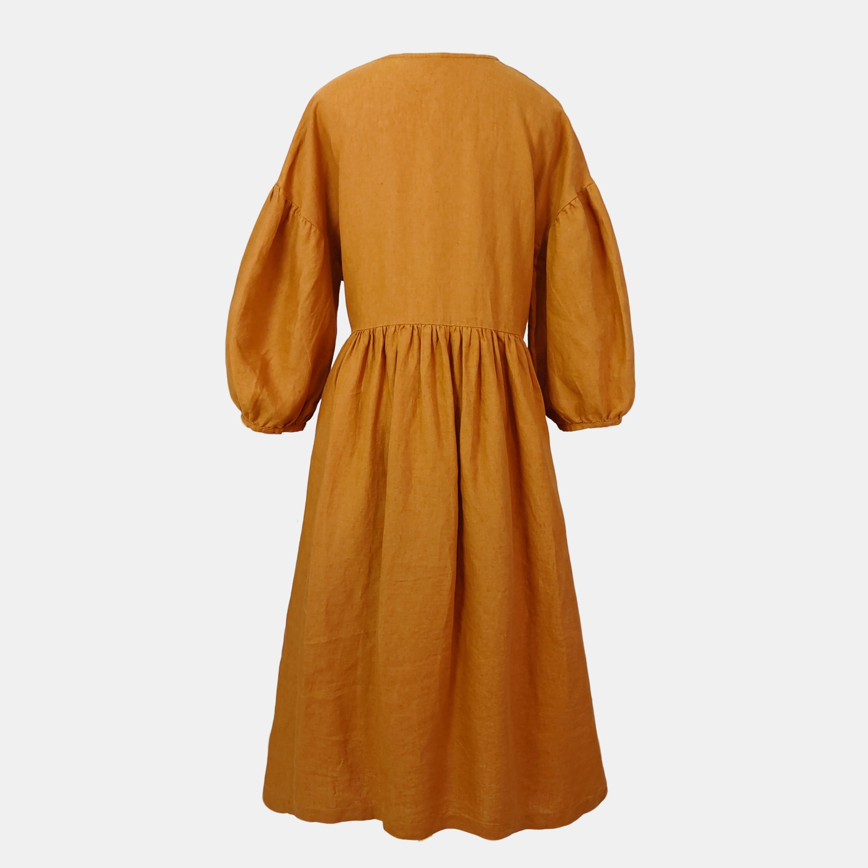 100% Linen Puff Sleeve Wrap Dress V-Neck 3/4 Sleeve Midi Long Dress Vintage Boho Style