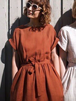 Pure Linen Belted Midi Dress for Women Natural Short Sleeve One-Piece Summer Sundress