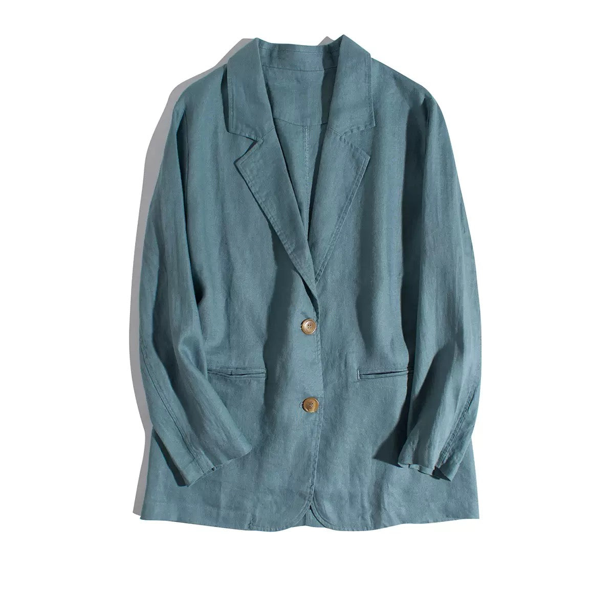 Blue-gray linen casual blazer with natural shell buttons