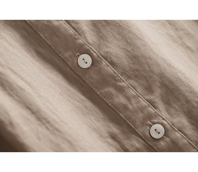 Japanese Style 100% Linen Pleated Shirt Dress Sleeveless Long Vintage Sundress with Button Front