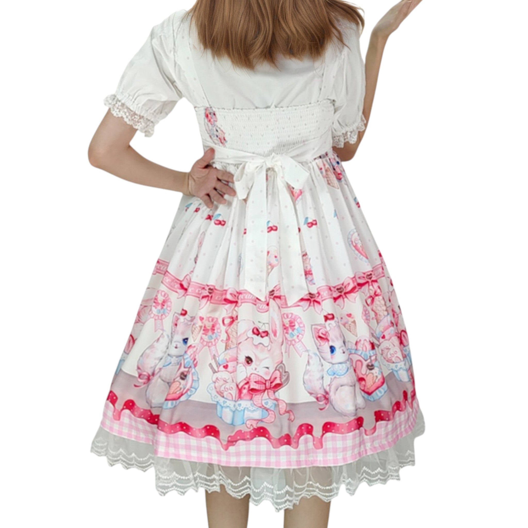 Kawaii Pink Kitty Print Lolita Dress with Lace Hem and Bow Sweet Short Sleeve JSK