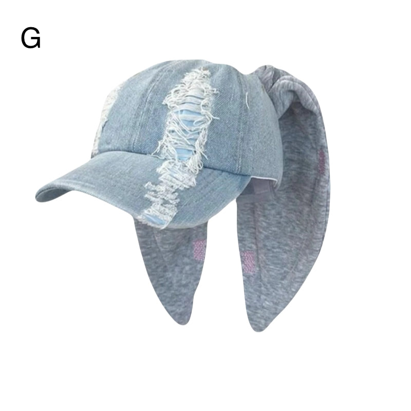 Cute Streetwear Bunny Ear Denim Baseball Cap Washed Graffiti Hip Hop Style Hat