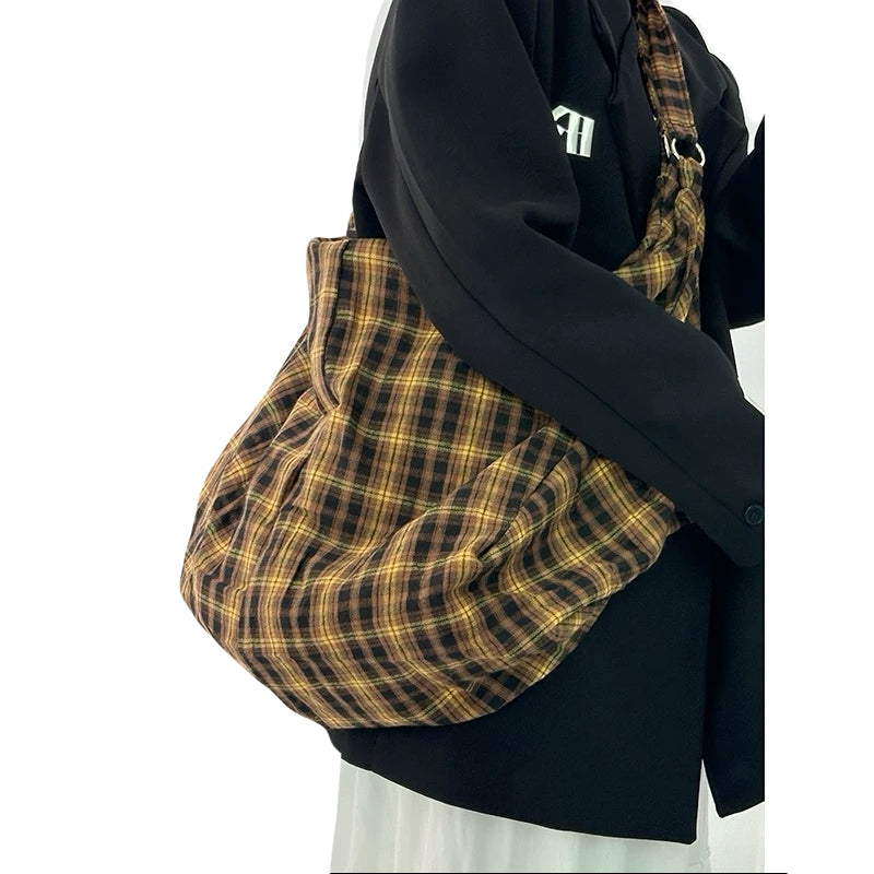 Street Fashion Teen Girl Cotton Tote Bag Cool Big Capacity Plaid Shoulder Bag For Female Student
