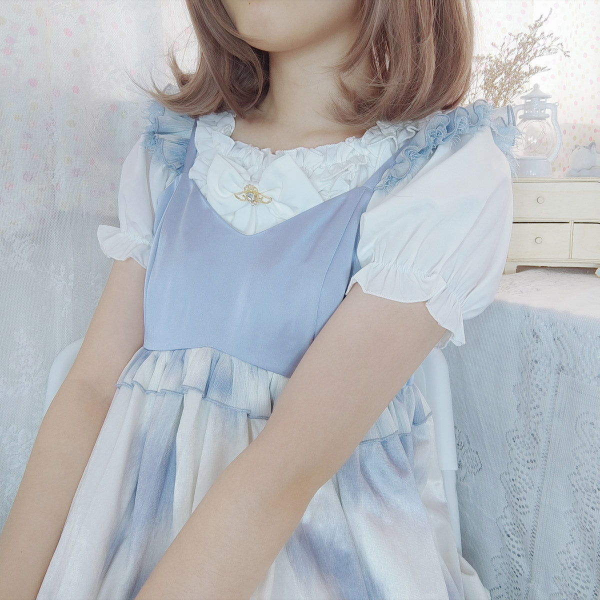 Himifashion Elegant Black Lolita Blouse with Heart Bow and Ruffles Chiffon Tops Trim and Bow Accent