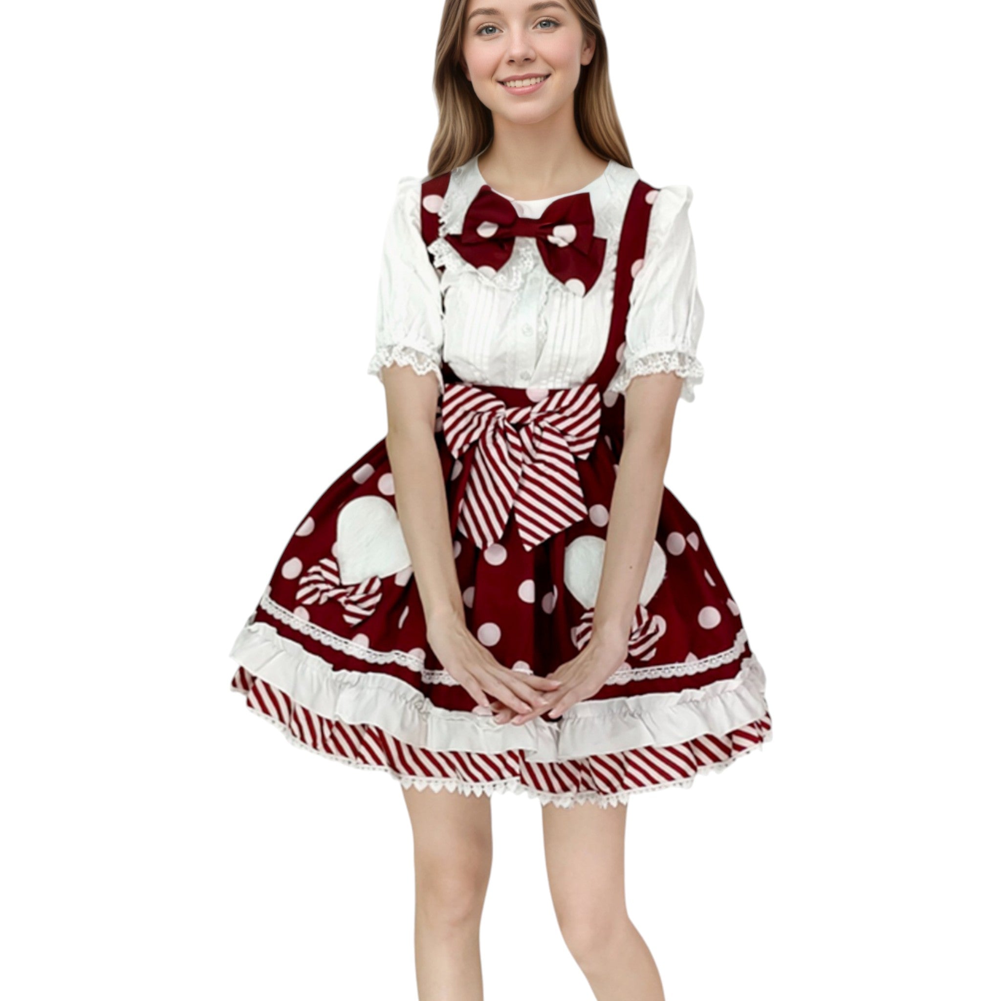 Sweet Polka Dot Lolita Skirt with Heart Pockets and Neck Bow Kawaii A-Line Ruffle Mini Skirt for Girls