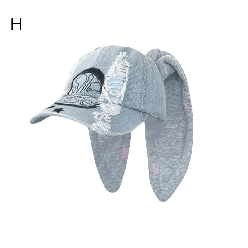 Cute Streetwear Bunny Ear Denim Baseball Cap Washed Graffiti Hip Hop Style Hat