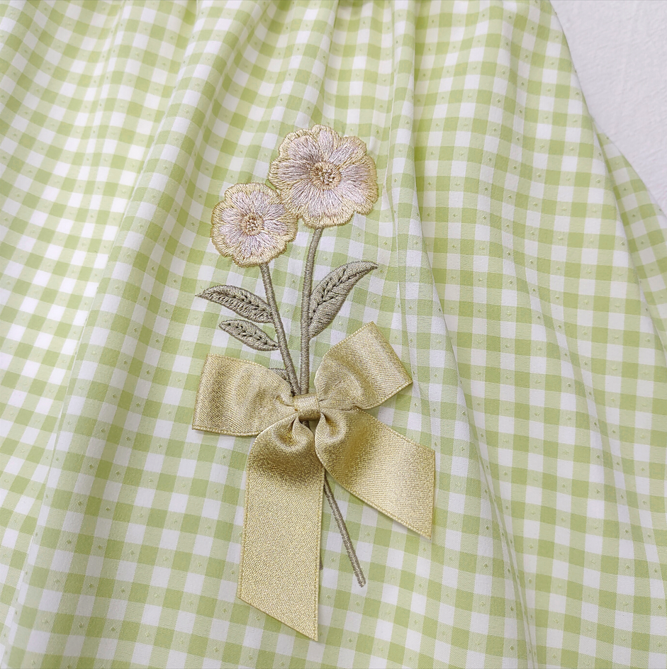 Green Gingham Cottagecore Dress Sweet Lolita Sleeveless Ruffle Midi Dress with Bow and Floral Embroidery
