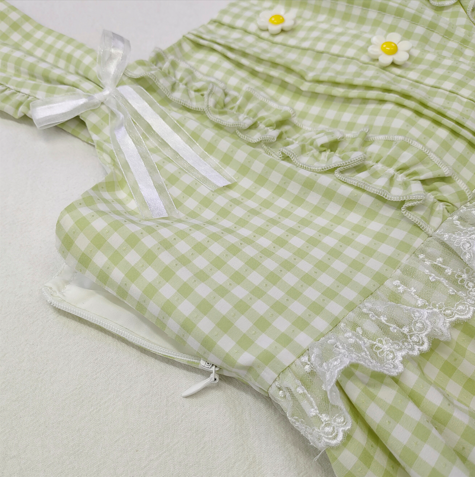 Green Gingham Cottagecore Dress Sweet Lolita Sleeveless Ruffle Midi Dress with Bow and Floral Embroidery