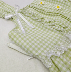 Green Gingham Cottagecore Dress Sweet Lolita Sleeveless Ruffle Midi Dress with Bow and Floral Embroidery