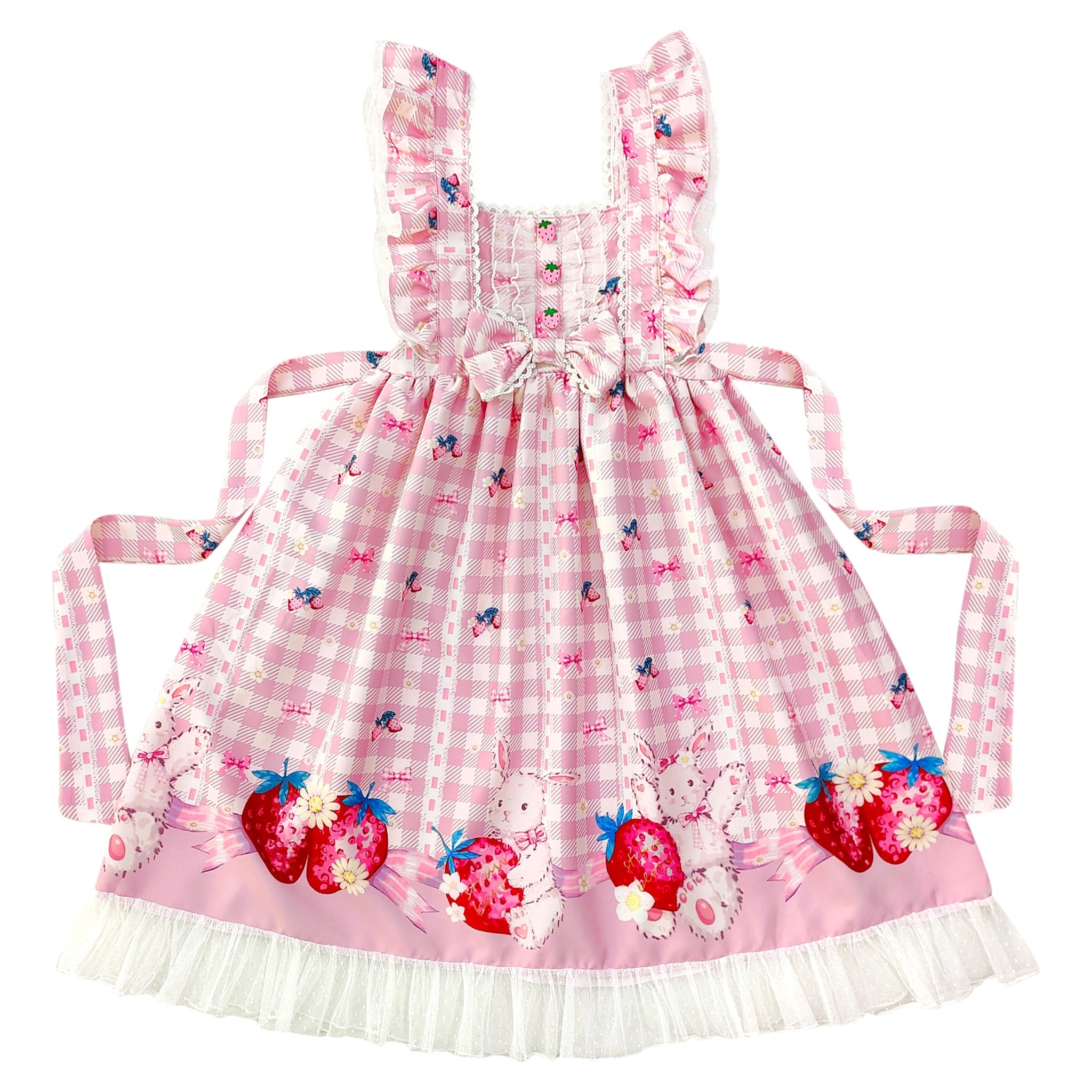 Kawaii Rabbit Strawberry Plaid Lolita JSK Dress with Gingham Print Lace Trim