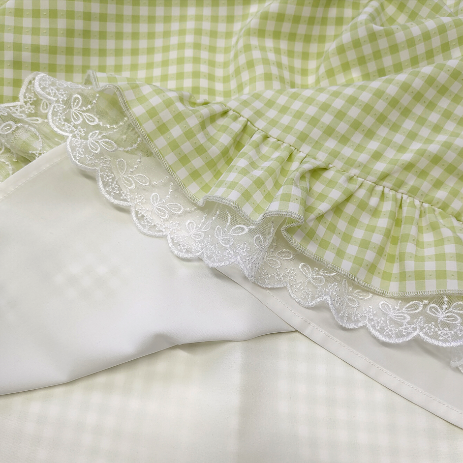 Green Gingham Cottagecore Dress Sweet Lolita Sleeveless Ruffle Midi Dress with Bow and Floral Embroidery