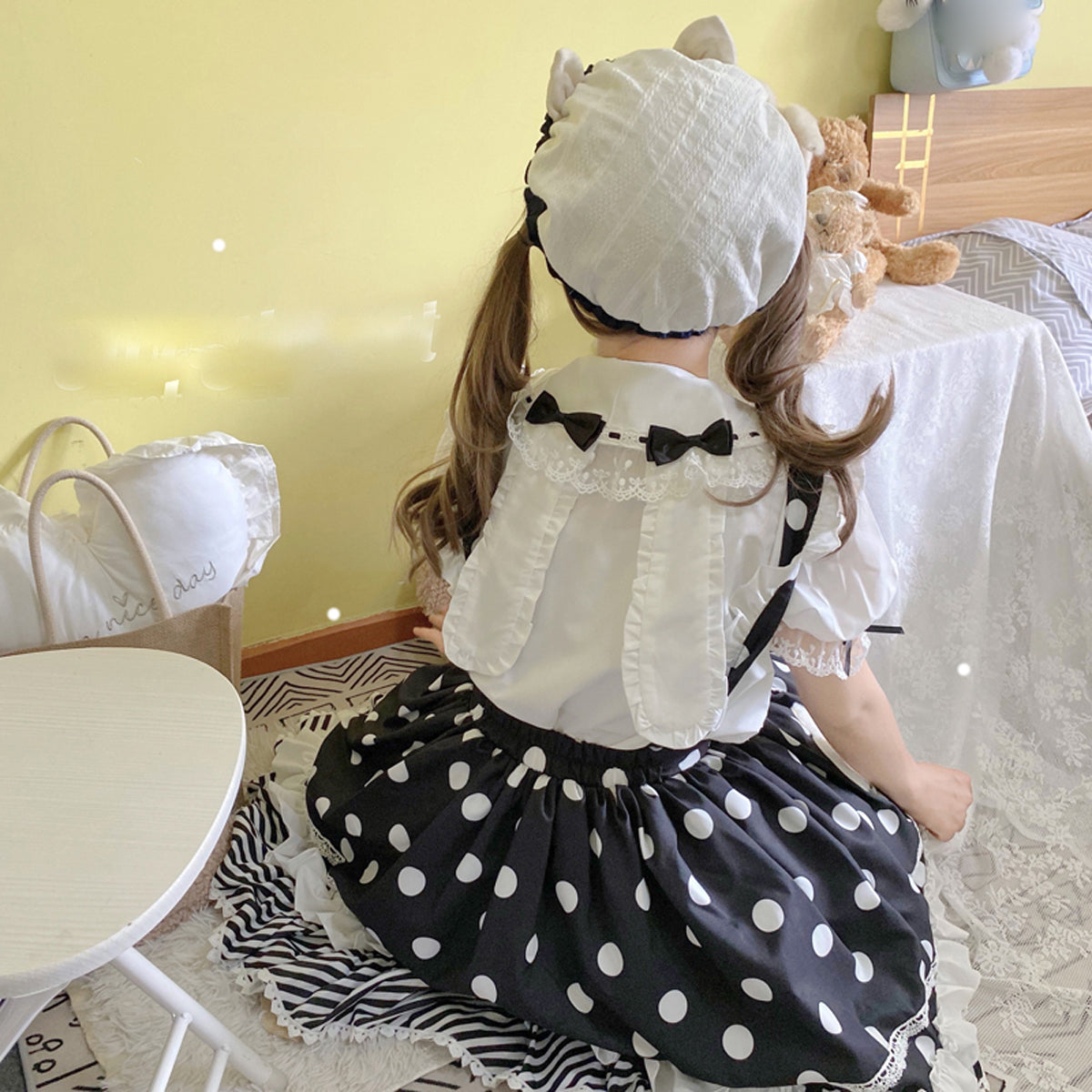 Sweet Polka Dot Lolita Skirt with Heart Pockets and Neck Bow Kawaii A-Line Ruffle Mini Skirt for Girls