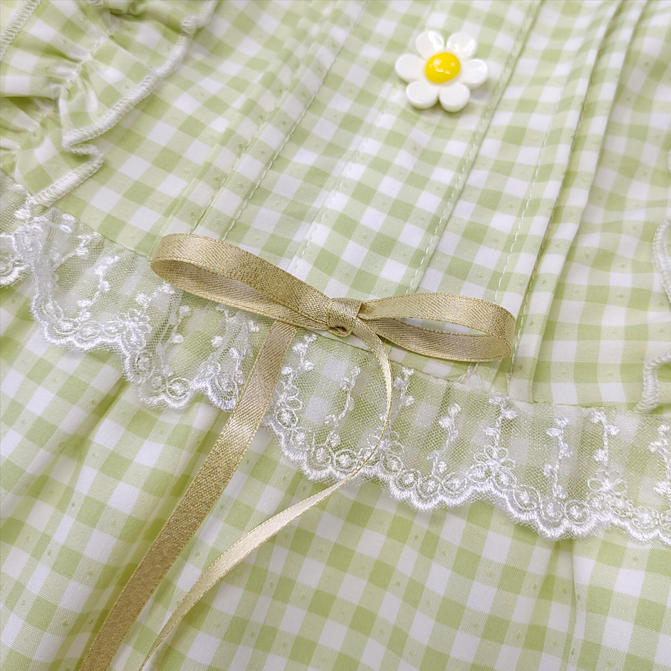 Green Gingham Cottagecore Dress Sweet Lolita Sleeveless Ruffle Midi Dress with Bow and Floral Embroidery
