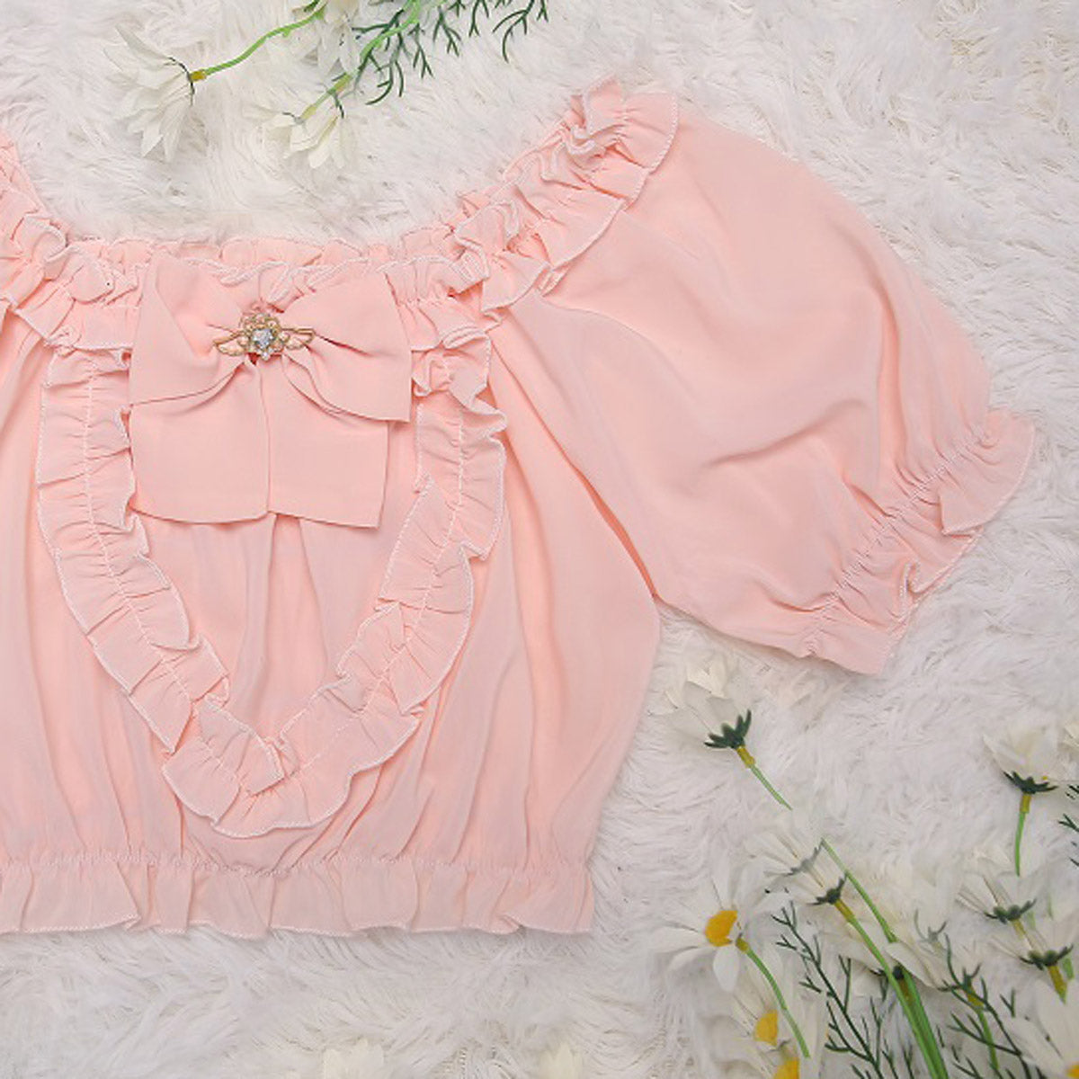 Himifashion Elegant Black Lolita Blouse with Heart Bow and Ruffles Chiffon Tops Trim and Bow Accent