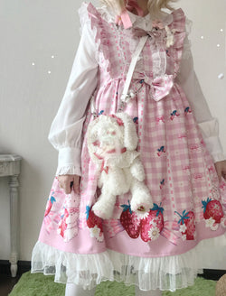 Plaid Strawberry Bunny Printed Formal Dresses Puff Sleeve Ruffle Layered Aesthetic Fairy Outfit