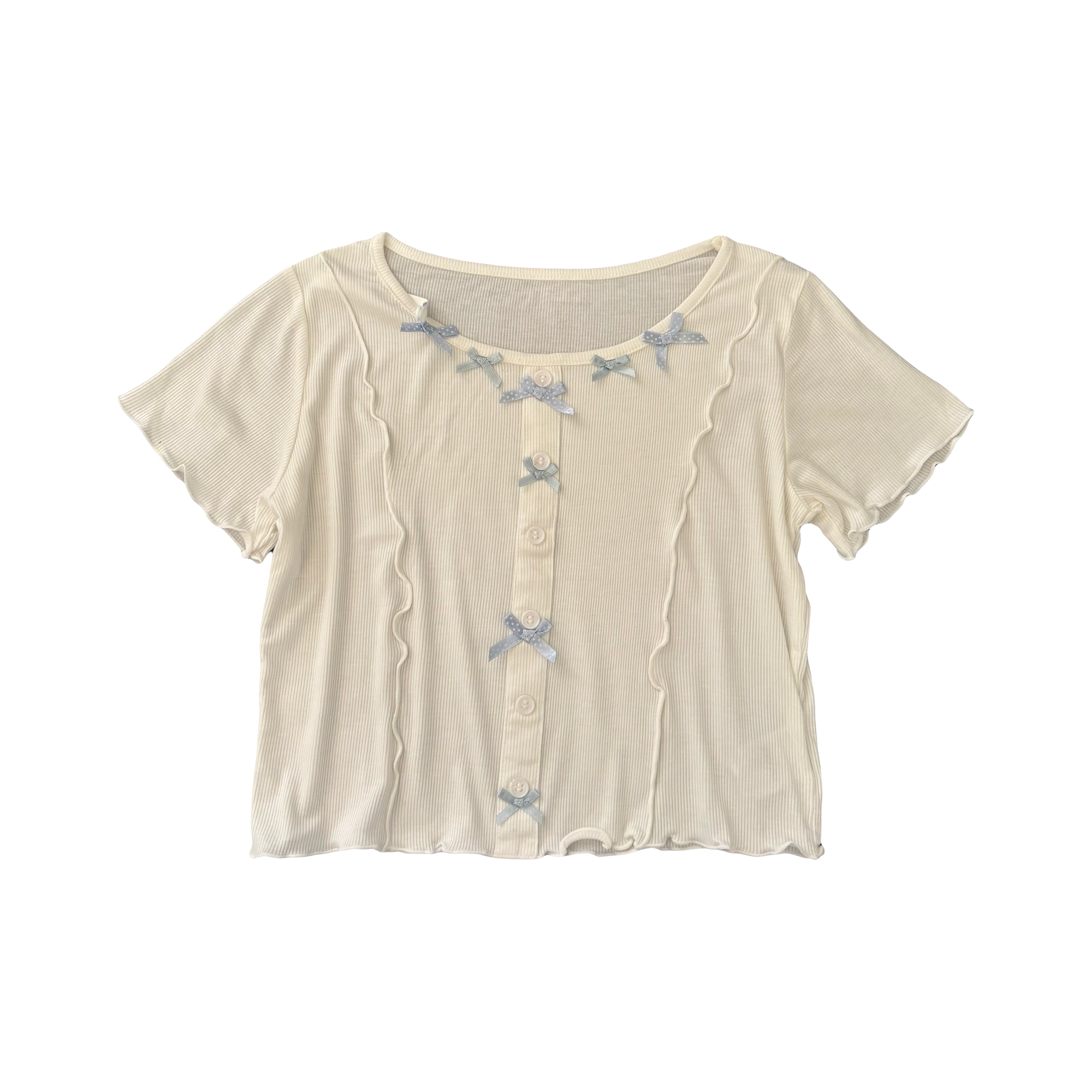 Milk white crop top with little blue bows