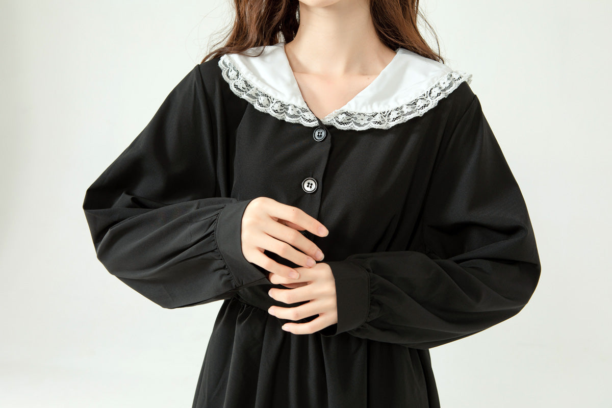 Sweet Lolita Black Long Sleeve Dress White Lace Sailor Collar Vintage Kawaii Elegant A-line Midi Dress