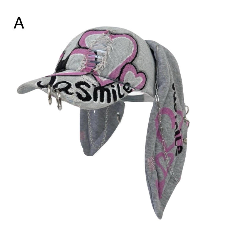 Cute Streetwear Bunny Ear Denim Baseball Cap Washed Graffiti Hip Hop Style Hat