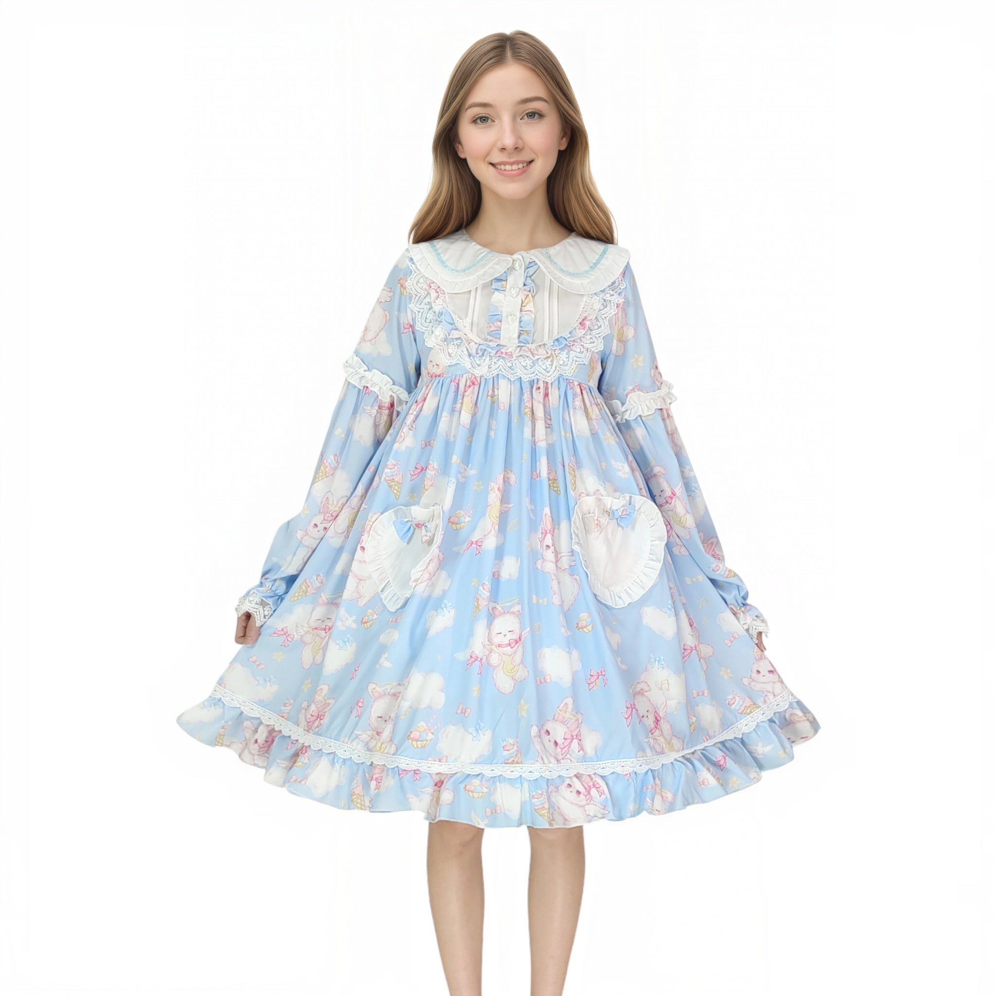 Cute Ladies Pleated Dresses Puff Sleeve Animal Printed Heart Pocket Button Pink/Blue