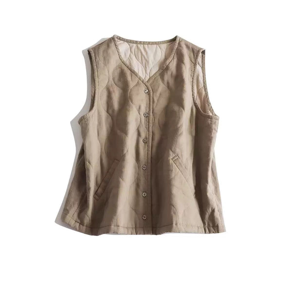 Women V-neck padded linen vest sleeveless jacket