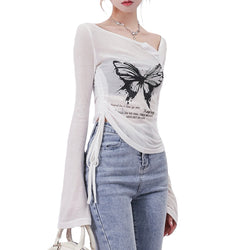 Y2K Butterfly Print Asymmetrical Long Sleeve T-Shirt Ruched Drawstring Slim Fit Crop Top