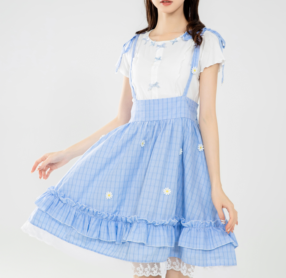 Cute Gingham Suspender Skirt with Embroidery Ruffle Lace Hem, Daisy Detail Kawaii Lolita Style