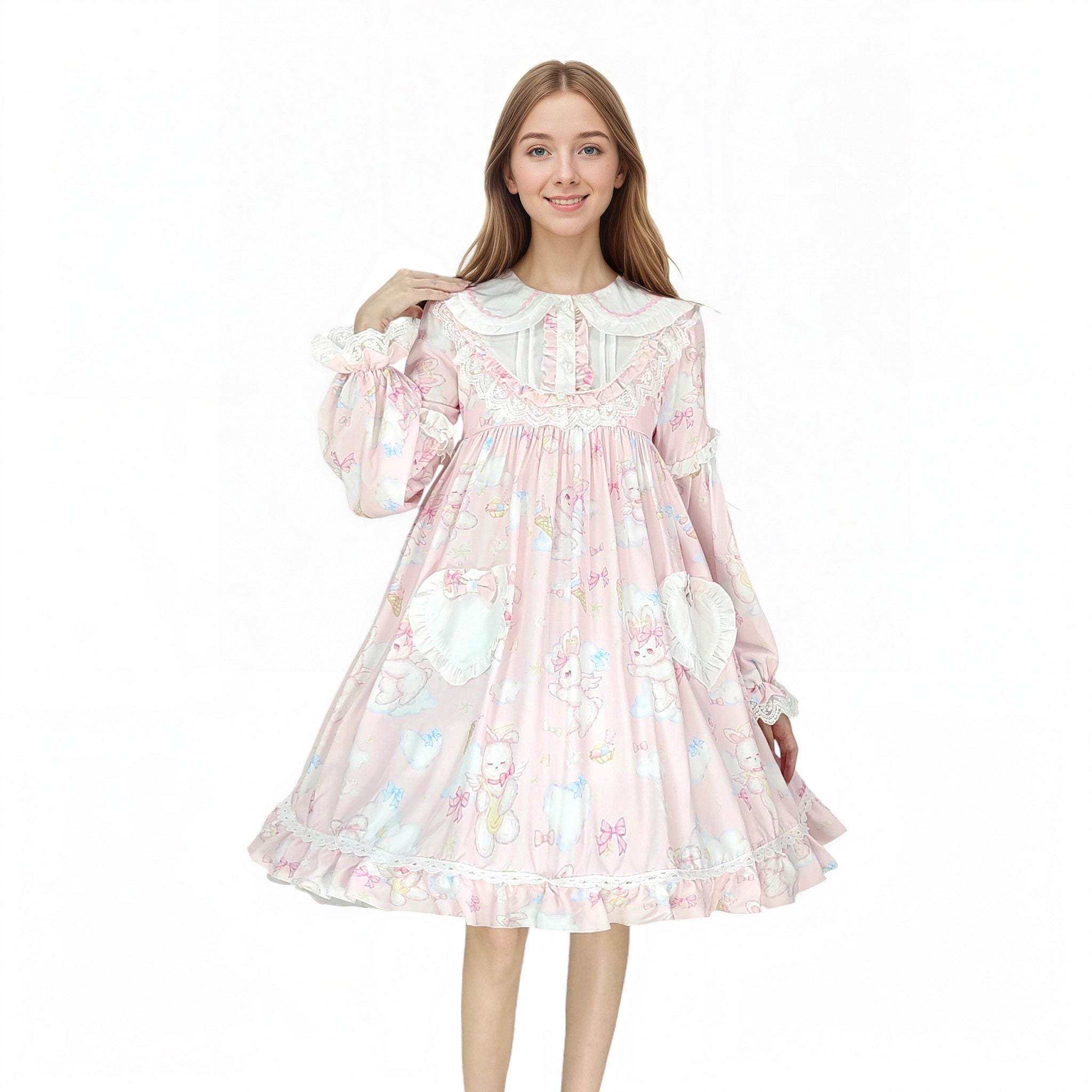Cute Ladies Pleated Dresses Puff Sleeve Animal Printed Heart Pocket Button Pink/Blue