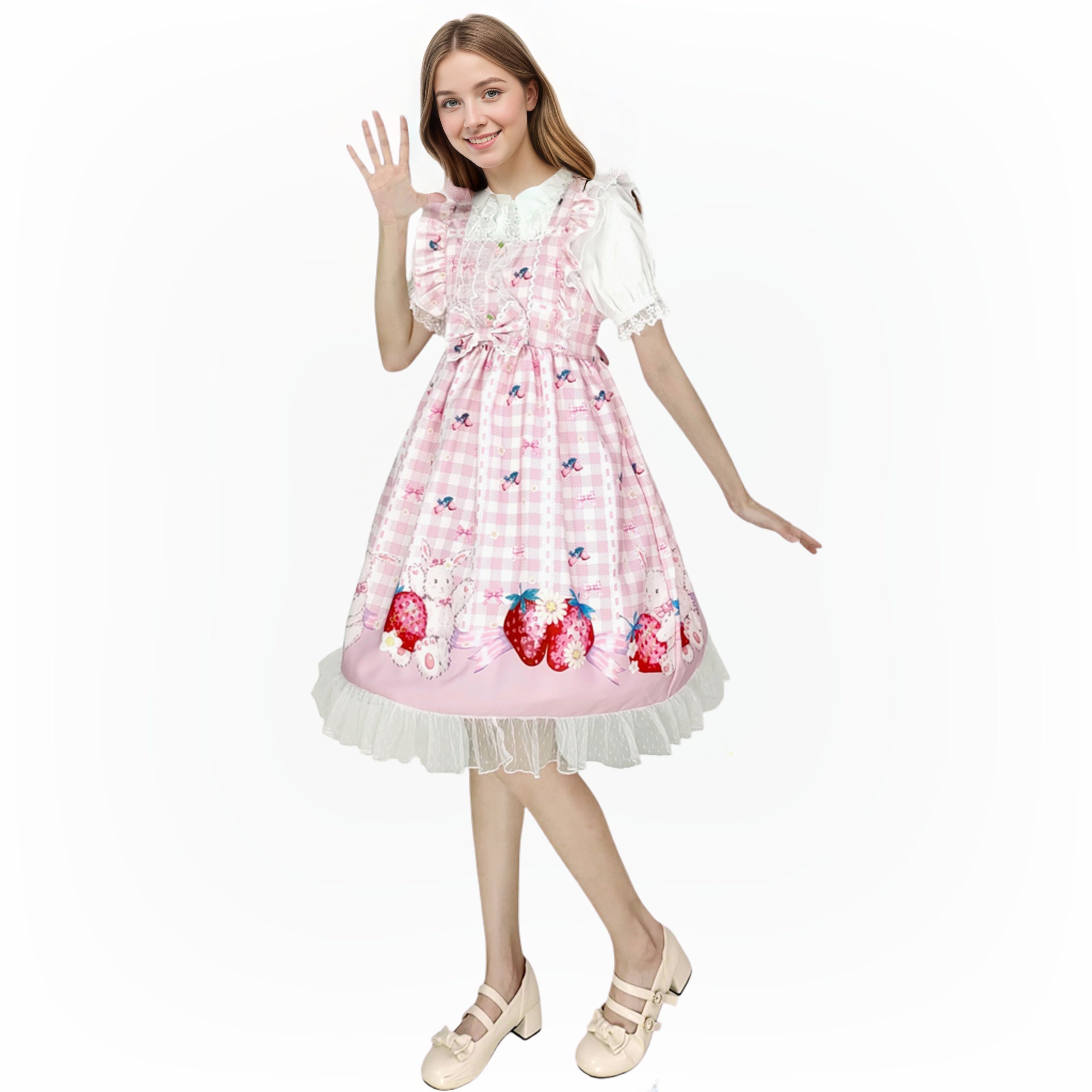 Kawaii Rabbit Strawberry Plaid Lolita JSK Dress with Gingham Print Lace Trim
