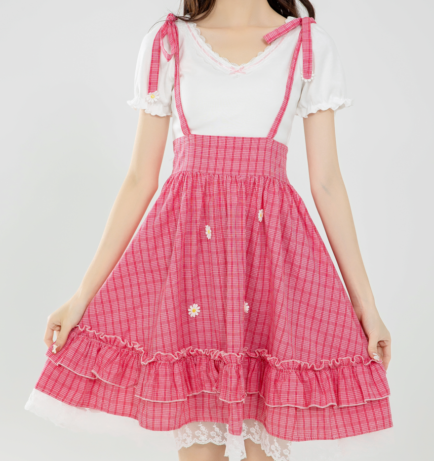 Cute Gingham Suspender Skirt with Embroidery Ruffle Lace Hem, Daisy Detail Kawaii Lolita Style