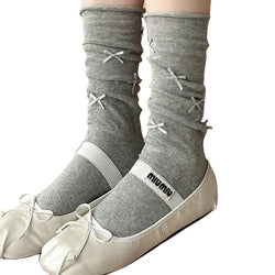 Kawaii Ballet Style Bow Socks 3 Pairs Cotton Thin Summer Slouchy Crew Socks for Girls