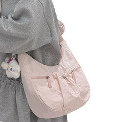 Cute Pink Nylon Shoulder Bag for Women Normal Capacity Casual Hobo Bag Double Zippers