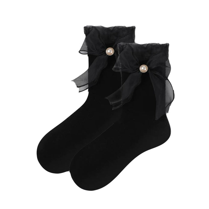 Kawaii Ribbon Bow Socks Lace-Edge Cotton Mid-Calf Socks for Girls Lolita JK Style Mary Jane Pairing