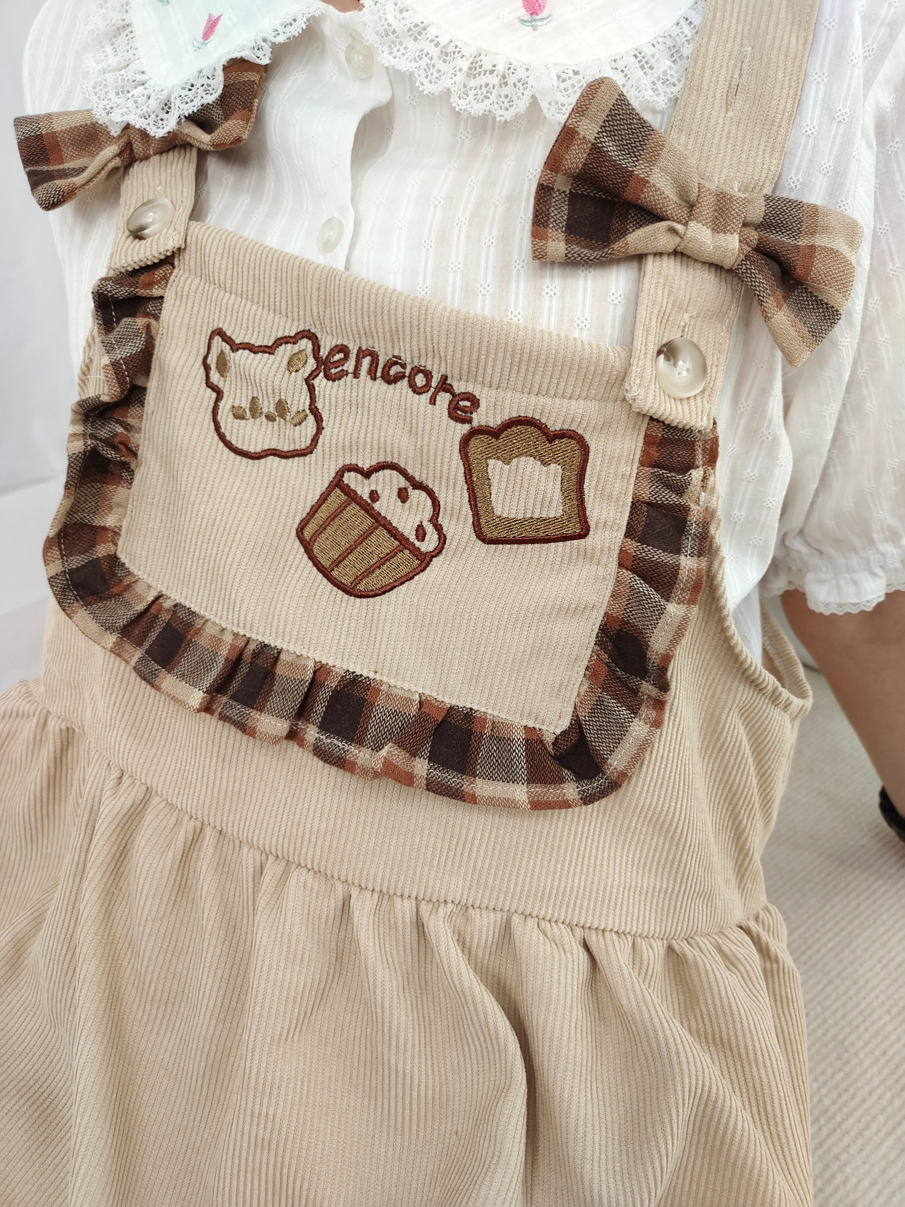 Kawaii Bear Embroidered Corduroy Pinafore Dress for Teen Girls Ruffled Overall Suspender Skirt