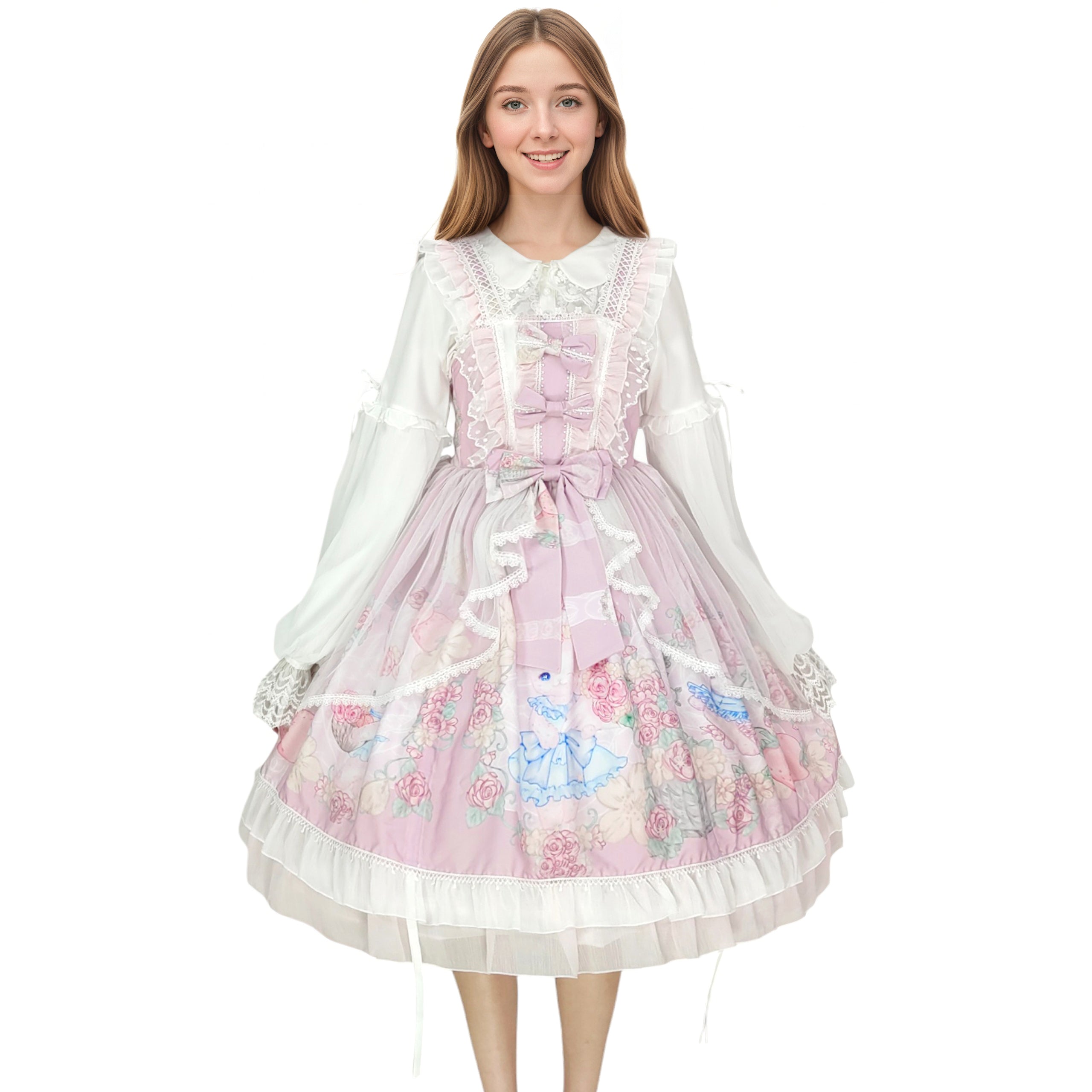 Sweet Lolita Cupcake Cat Print JSK Dress with Lace Ruffles Big Bow Kawaii Princess Style