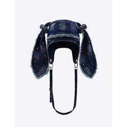 Kawaii Rabbit Ear Denim Hat Bag 2-in-1 Washed Frayed Edge Jean Cap for Girls