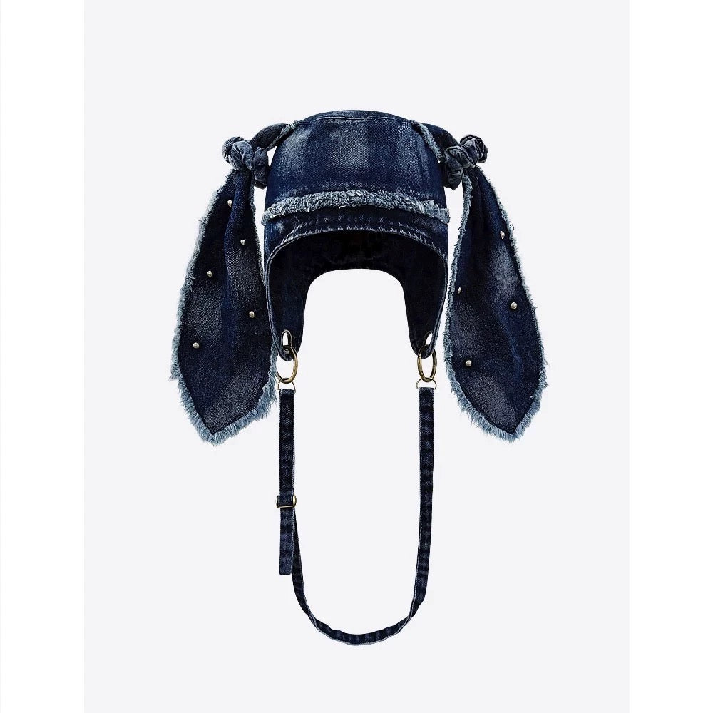 Kawaii Rabbit Ear Denim Hat Bag 2-in-1 Washed Frayed Edge Jean Cap for Girls