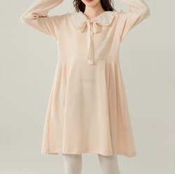 Sweet Peter Pan Collar Dress Kawaii Long Sleeve Cream Bow Tie Dress for Girls
