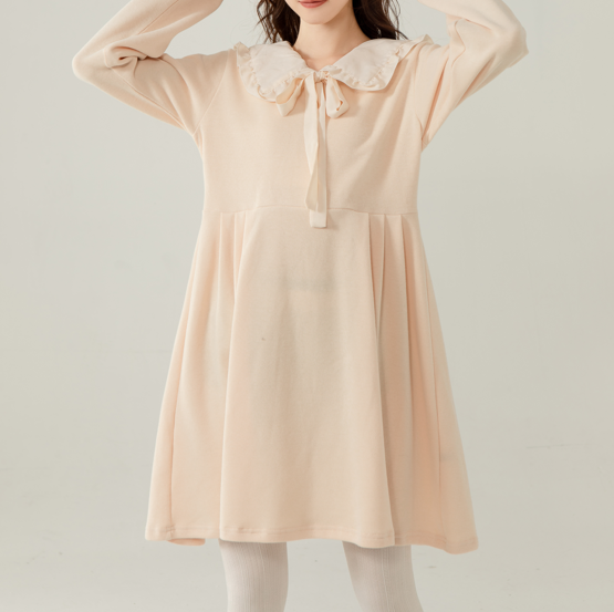 Sweet Peter Pan Collar Dress Kawaii Long Sleeve Cream Bow Tie Dress for Girls