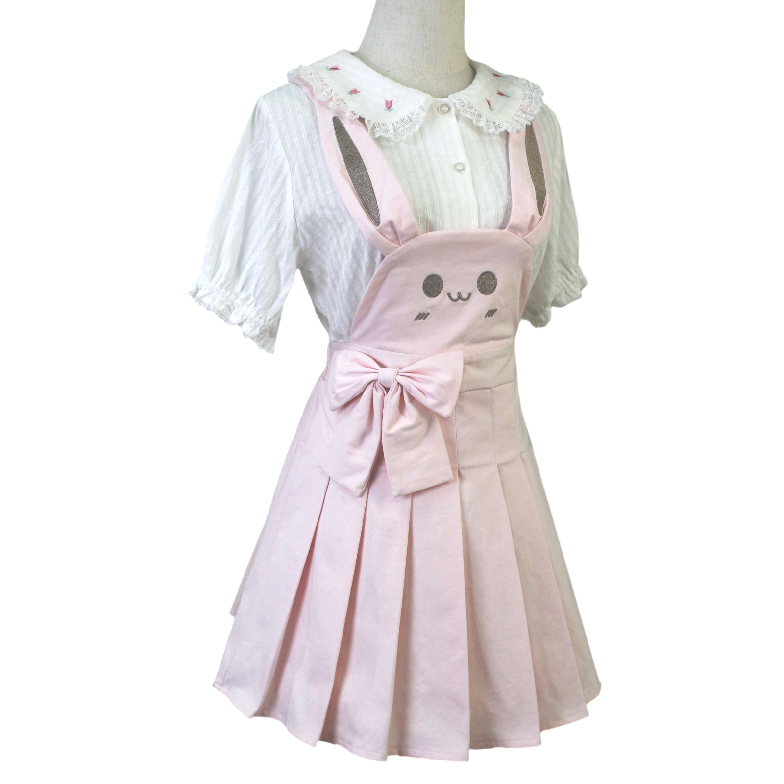 Kawaii Bear Rabbit Suspender Skirt Pleated Jumper Dress with Ears and Bow for Girls or Cosplay