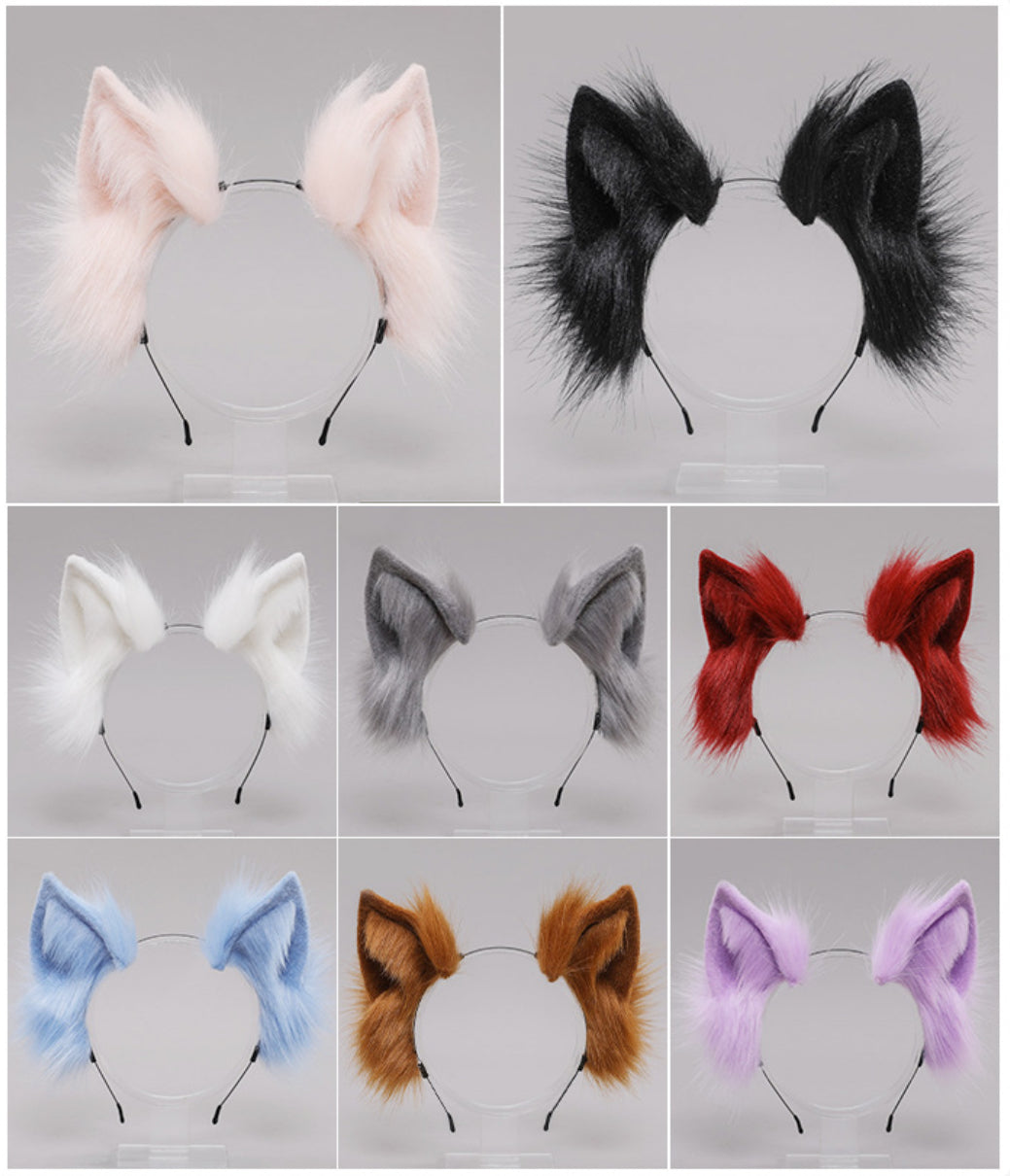 Handmade furry animal ear headband cosplay accessory with realistic plush fox ears matching tail