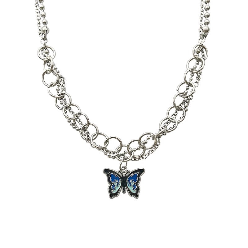 Minimalist Irregular Gothic Butterfly Chain Necklace Safety Pins Punk Emo Layered Choker Futuristic Silver Statement