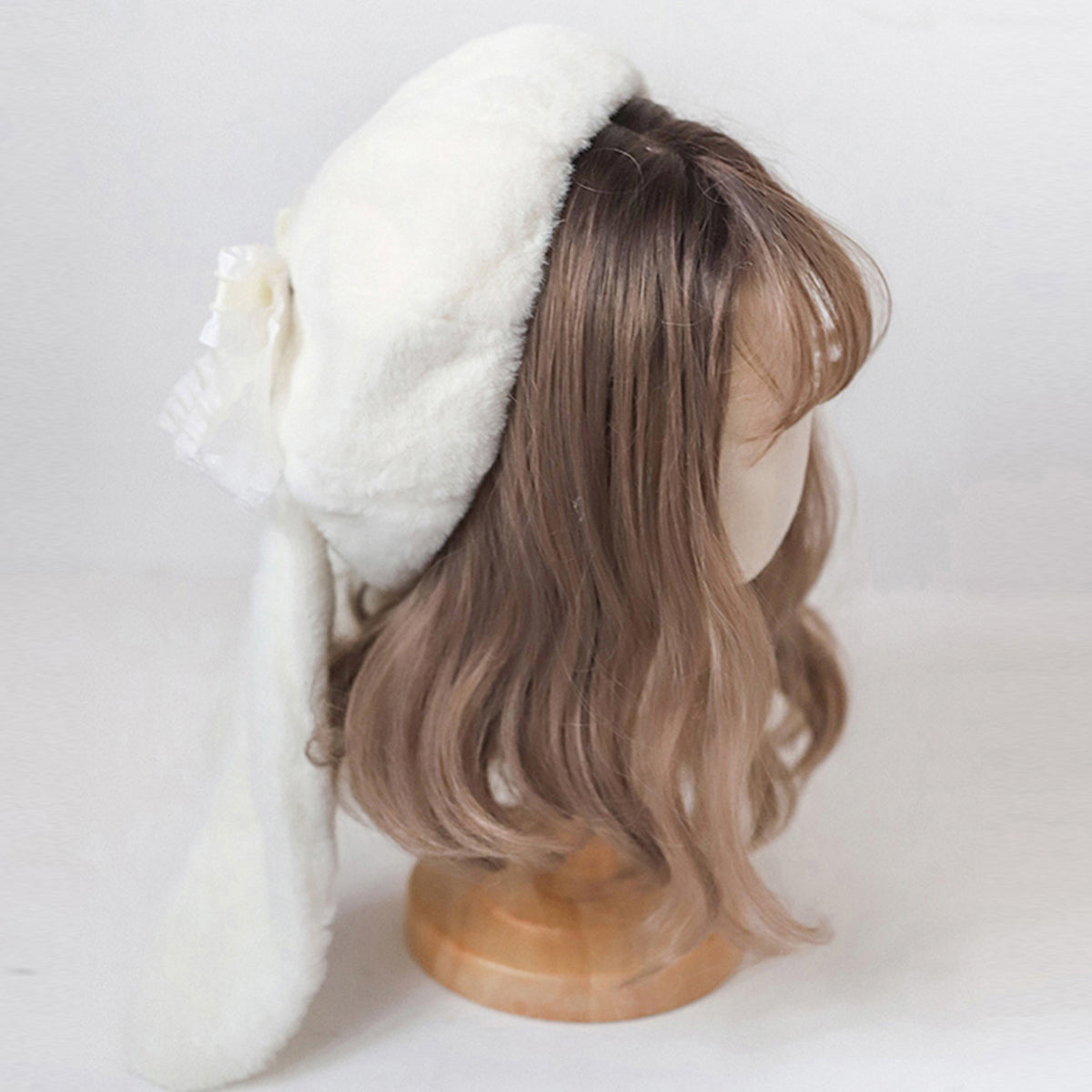 Women Cute Rabbit Ear Plush Cap Outdoor Fluffy Bunny Bow Knot Beret Hat White