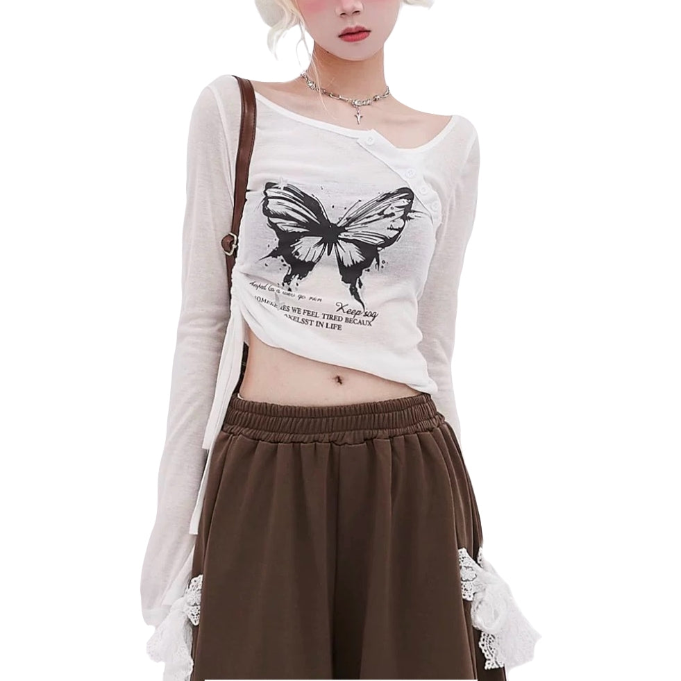 Y2K Butterfly Print Asymmetrical Long Sleeve T-Shirt Ruched Drawstring Slim Fit Crop Top