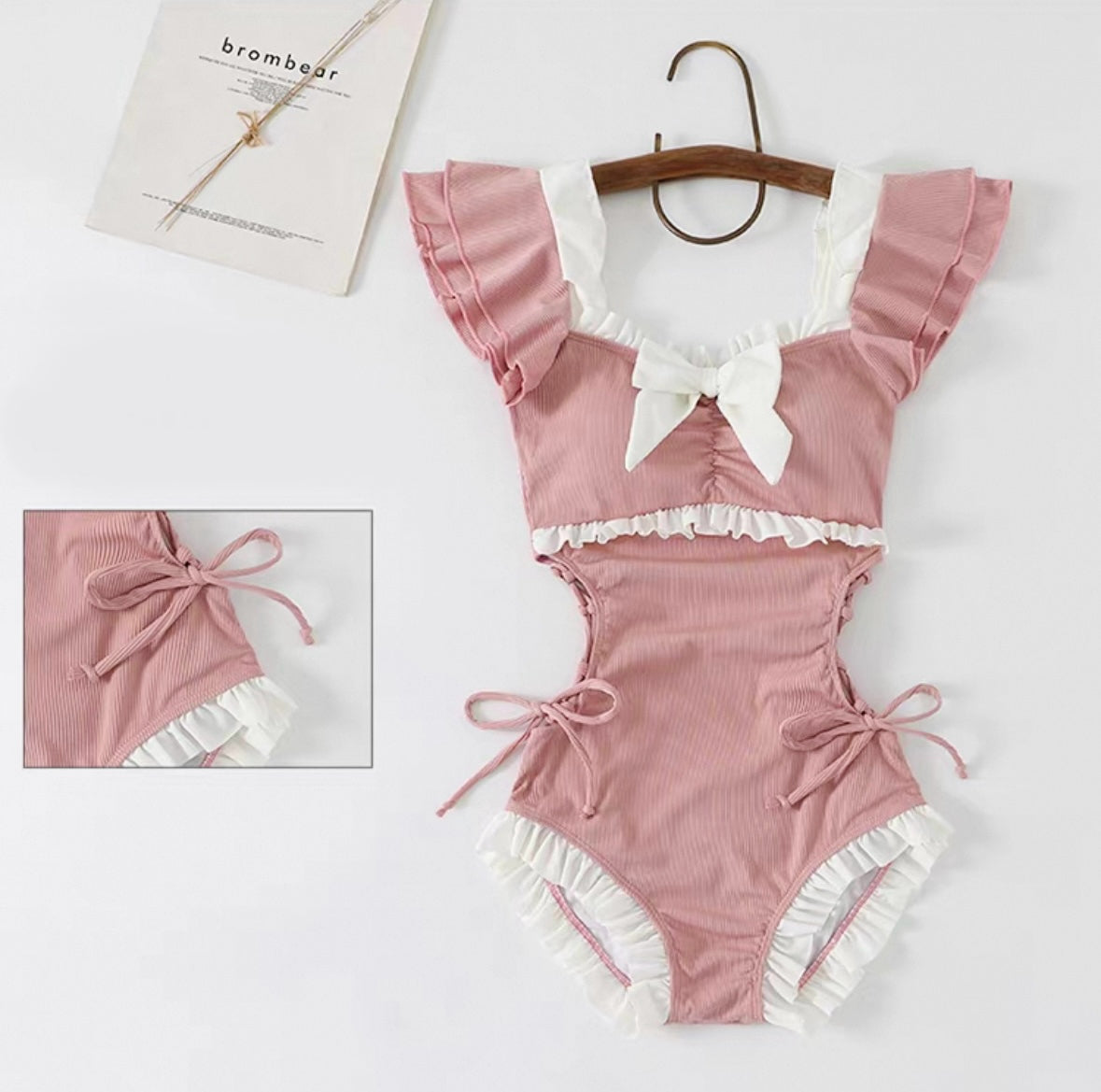 Korean Style Ruffle Bow Cutout One-Piece Swimsuit Kawaii Pink Bathing Suit